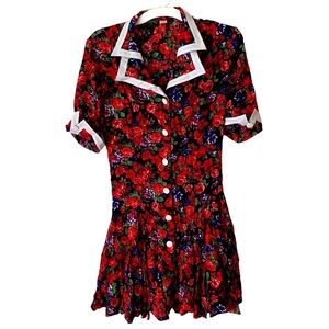 DRGON | S | Women's Rose Floral Double Collared Button Front Flared Skirt Dress